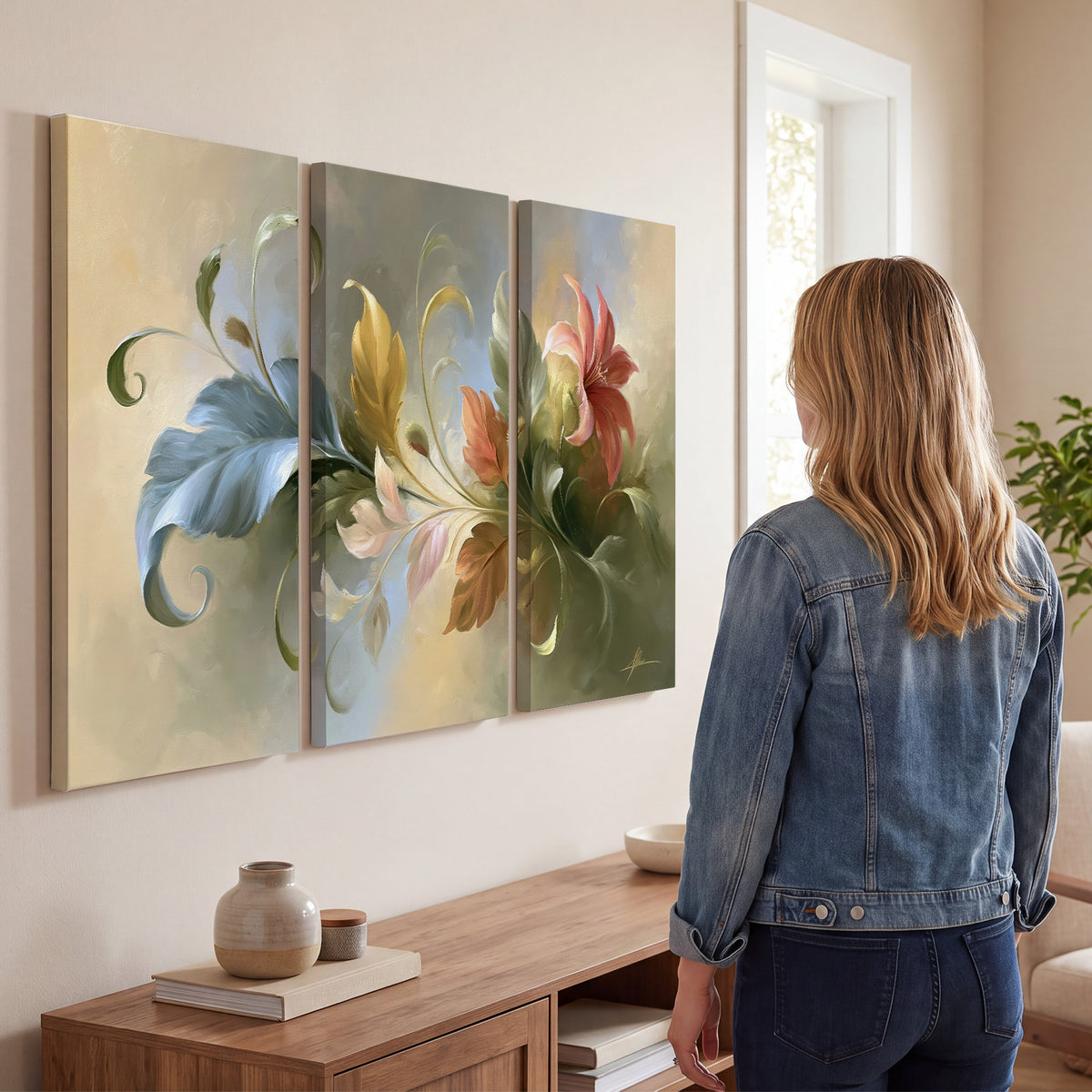 Curving blue, cream and warm red lily-like flowers on a softly shaded background 3 piece canvas wall art three panel arrangement on a wall