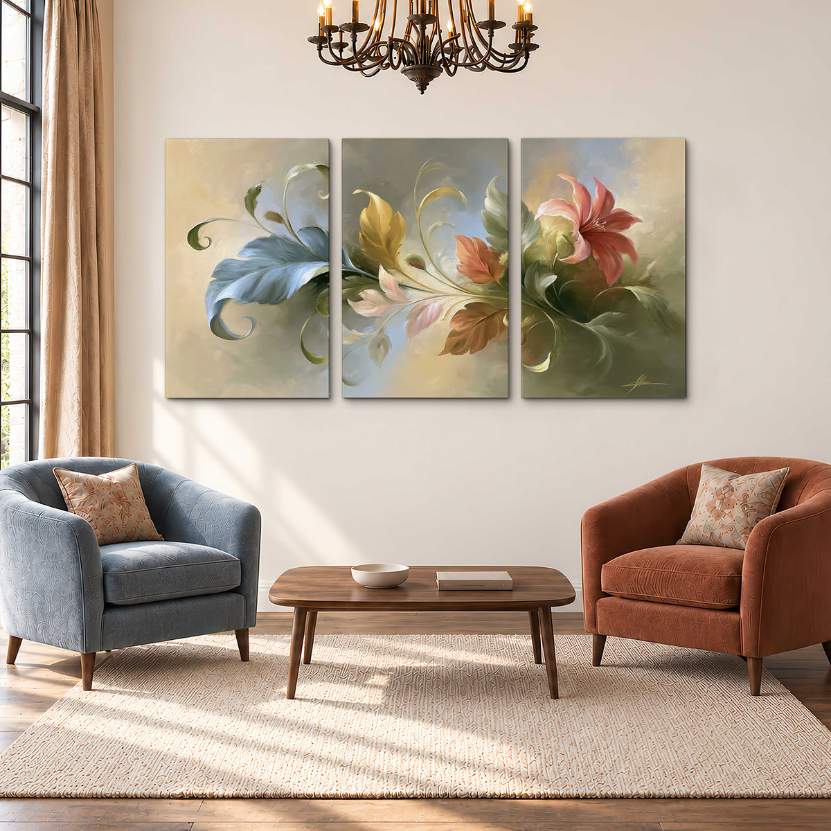 Curving blue, cream and warm red lily-like flowers on a softly shaded background 3 piece canvas wall art styled in an interior