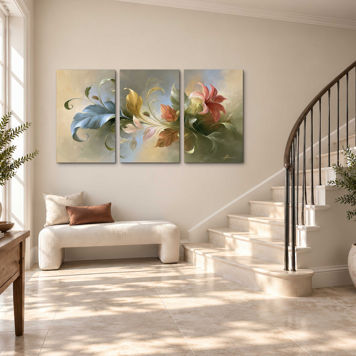 Curving blue, cream and warm red lily-like flowers on a softly shaded background 3 piece canvas wall art styled in an interior