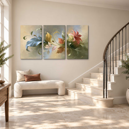 Curving blue, cream and warm red lily-like flowers on a softly shaded background 3 piece canvas wall art styled in an interior