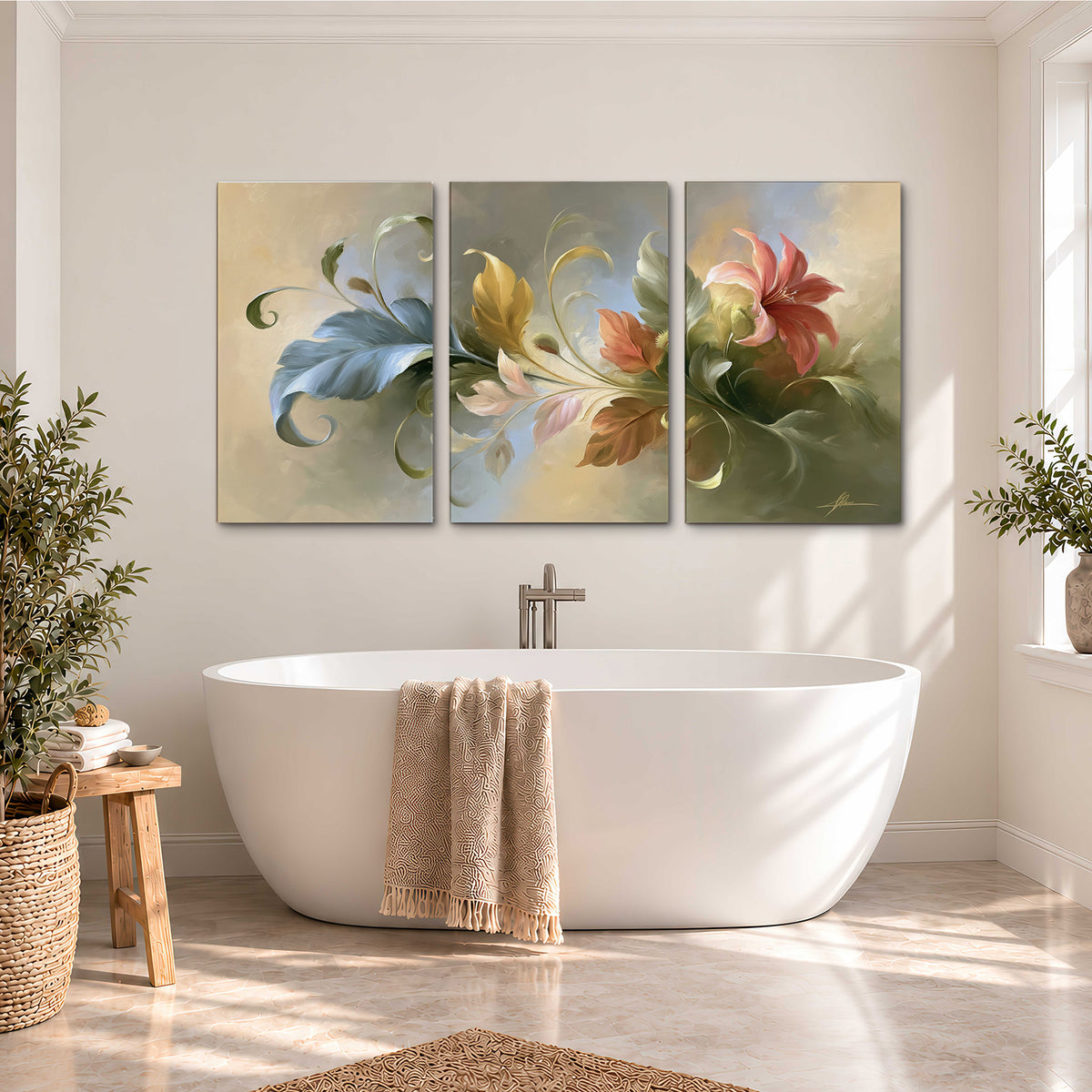 Curving blue, cream and warm red lily-like flowers on a softly shaded background 3 piece canvas wall art styled in an interior