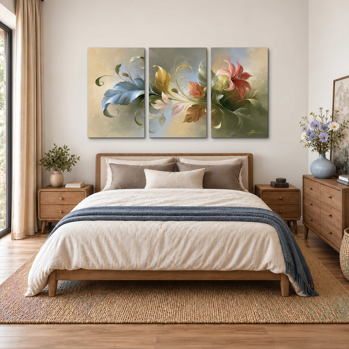 Curving blue, cream and warm red lily-like flowers on a softly shaded background 3 piece canvas wall art styled in an interior