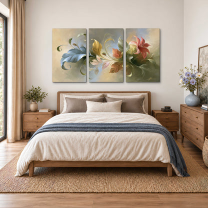 Curving blue, cream and warm red lily-like flowers on a softly shaded background 3 piece canvas wall art styled in an interior