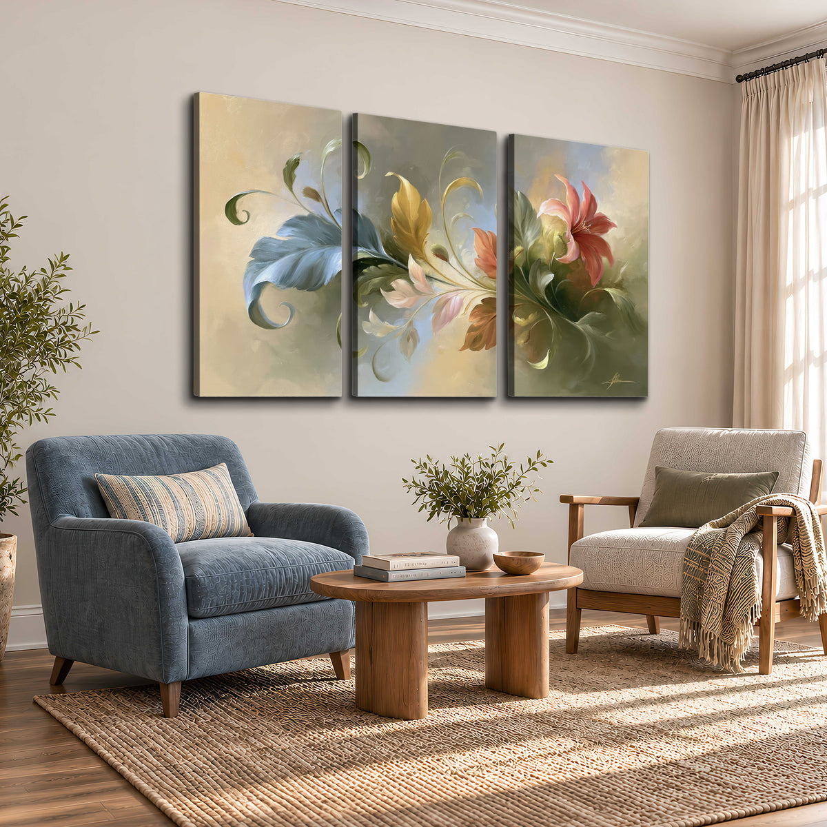 Curving blue, cream and warm red lily-like flowers on a softly shaded background 3 piece canvas wall art styled in an interior