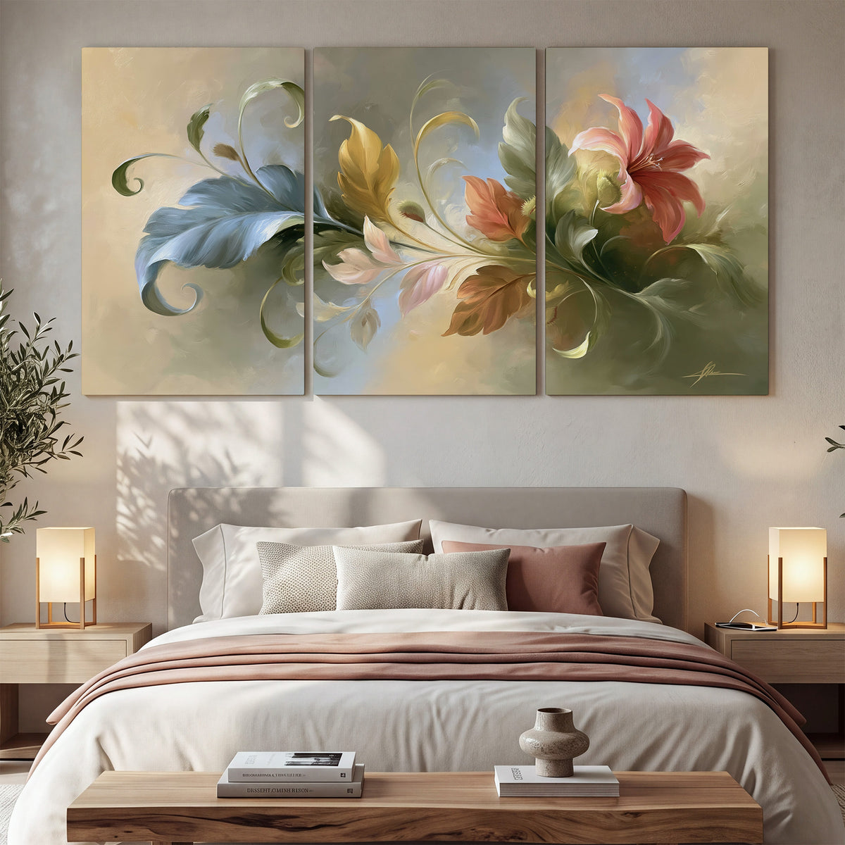 Curving blue, cream and warm red lily-like flowers on a softly shaded background 3 piece canvas wall art displayed in a bedroom