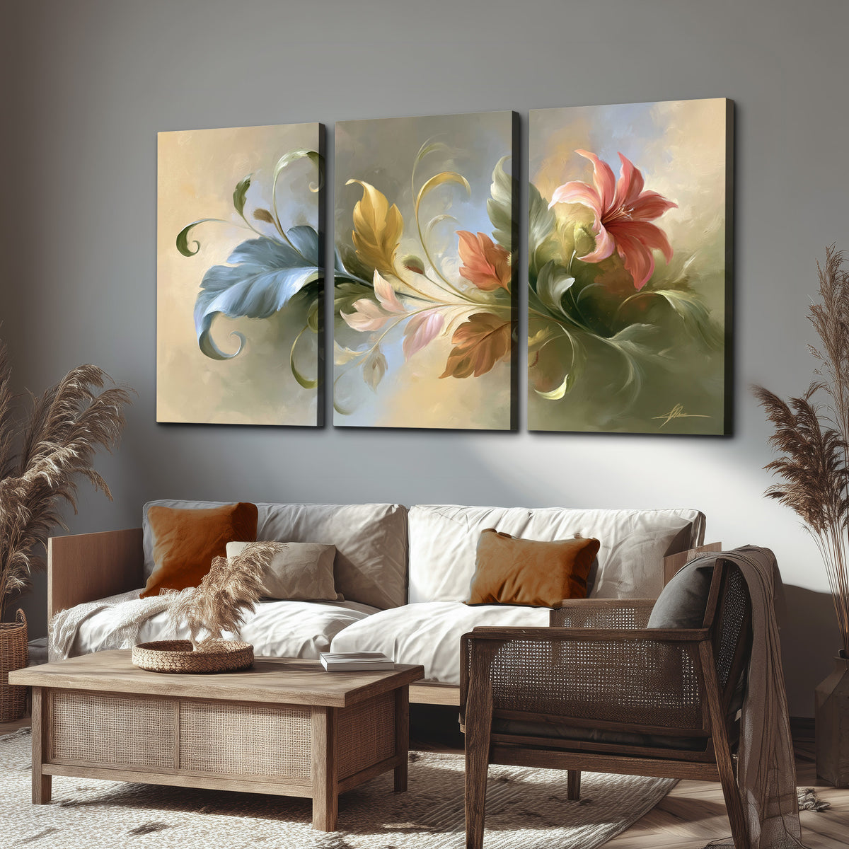 Curving blue, cream and warm red lily-like flowers on a softly shaded background 3 piece canvas wall art displayed in a rustic living room