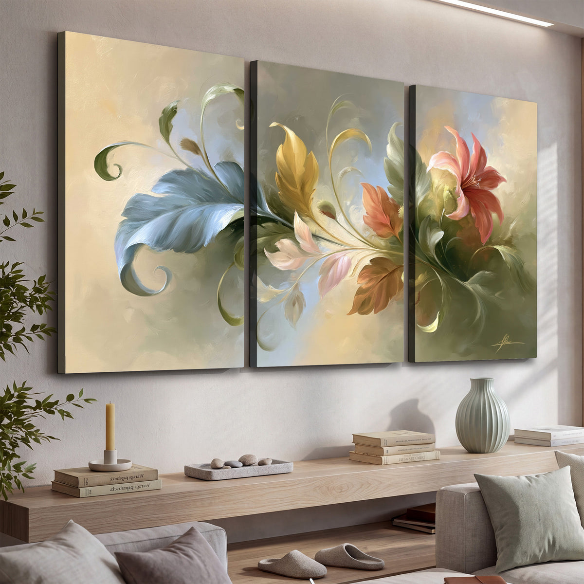 Curving blue, cream and warm red lily-like flowers on a softly shaded background 3 piece canvas wall art displayed in a console
