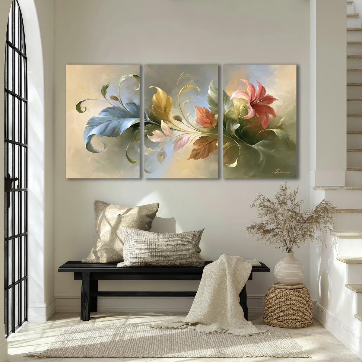 Curving blue, cream and warm red lily-like flowers on a softly shaded background 3 piece canvas wall art displayed in a entryway