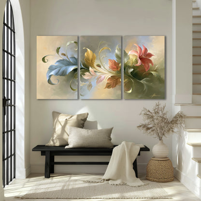 Curving blue, cream and warm red lily-like flowers on a softly shaded background 3 piece canvas wall art displayed in a entryway