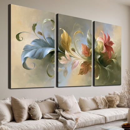 Curving blue, cream and warm red lily-like flowers on a softly shaded background 3 piece canvas wall art room and product view