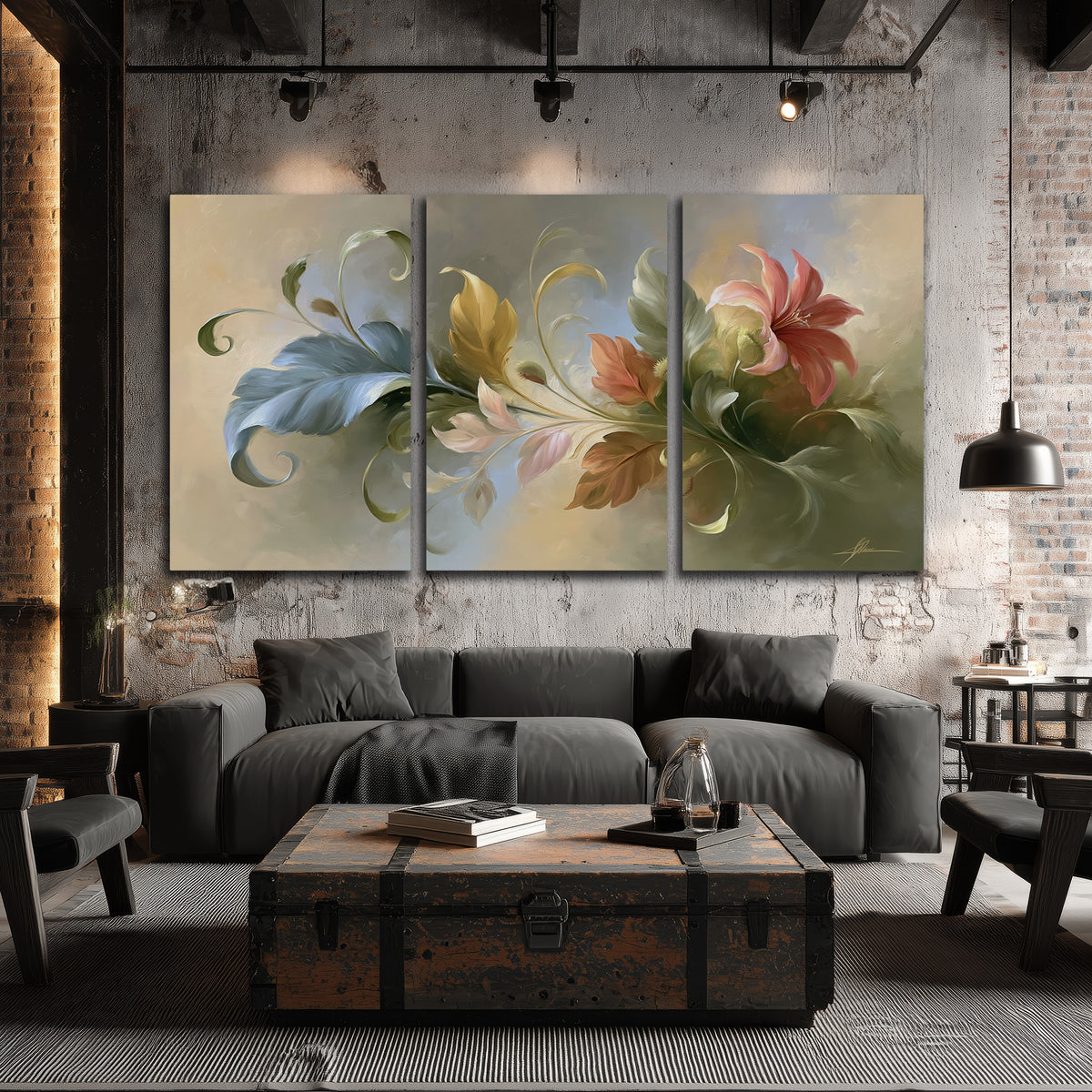 Curving blue, cream and warm red lily-like flowers on a softly shaded background 3 piece canvas wall art displayed in a industrial room