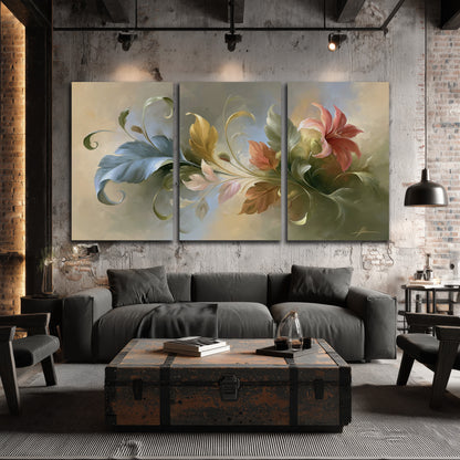 Curving blue, cream and warm red lily-like flowers on a softly shaded background 3 piece canvas wall art displayed in a industrial room