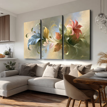 Curving blue, cream and warm red lily-like flowers on a softly shaded background 3 piece canvas wall art room and product view