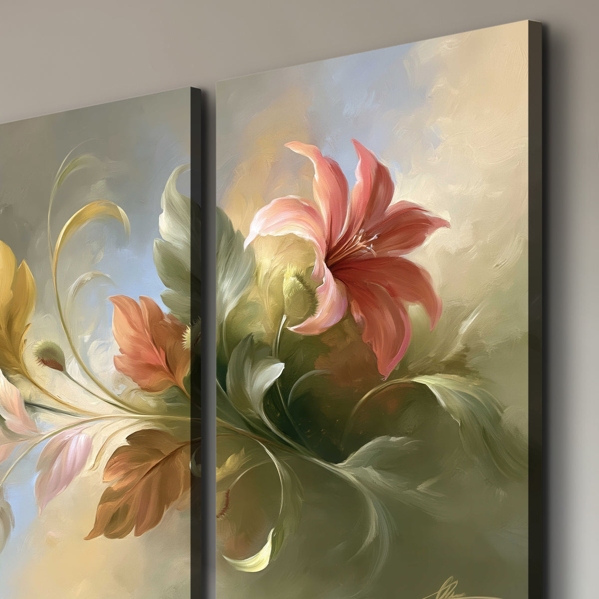 Curving blue, cream and warm red lily-like flowers on a softly shaded background 3 piece canvas wall art room and product view