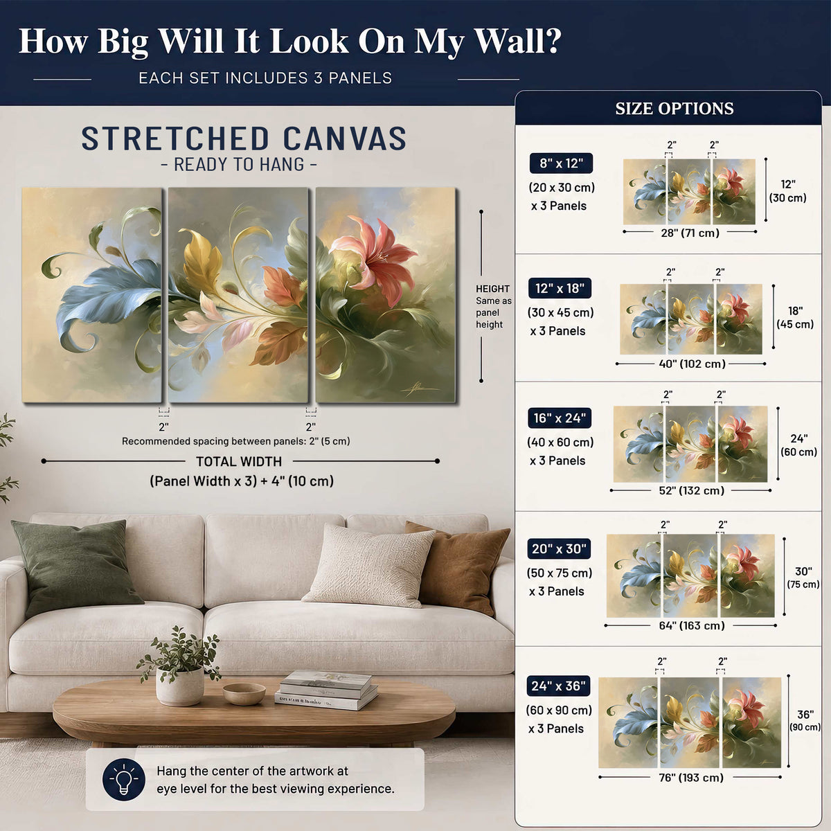 Curving blue, cream and warm red lily-like flowers on a softly shaded background 3 piece canvas wall art size guide above a sofa; room view is illustrative