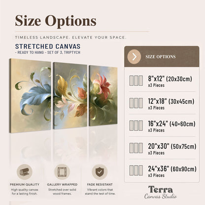 Curving blue, cream and warm red lily-like flowers on a softly shaded background 3 piece canvas wall art available dimensions; triptych dimensions are per panel
