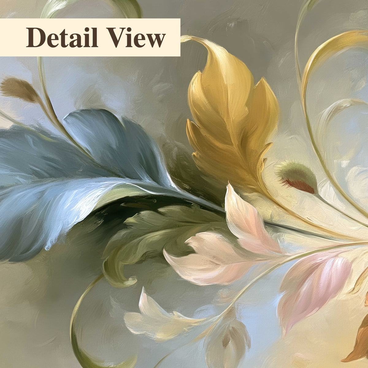 Curving blue, cream and warm red lily-like flowers on a softly shaded background 3 piece canvas wall art artwork detail close up