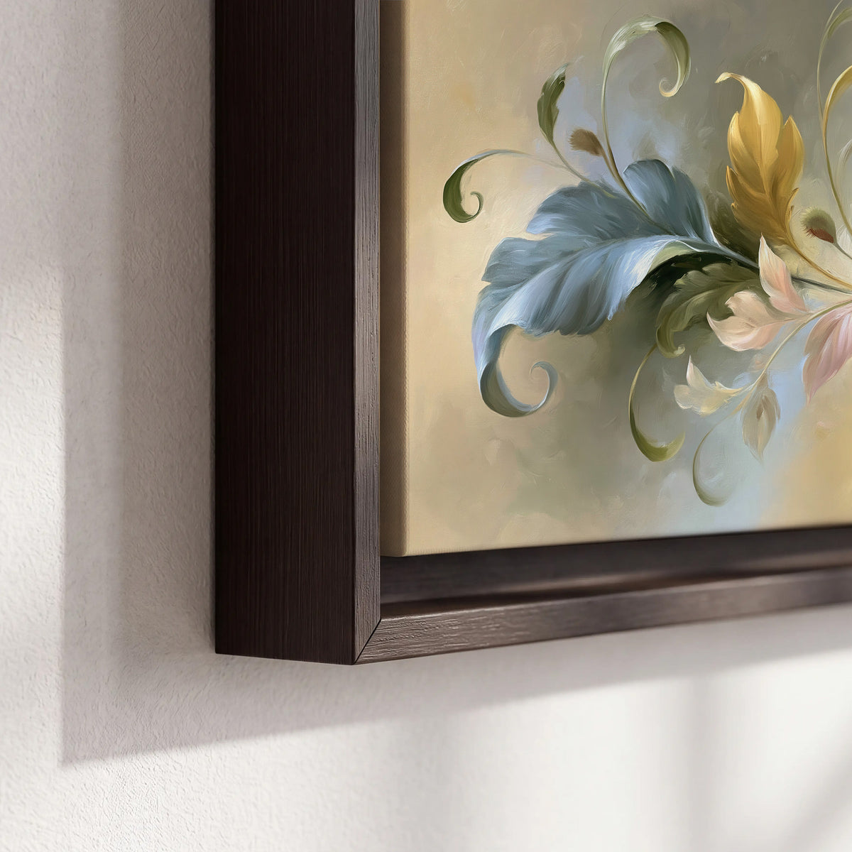 Curving blue, cream and warm red lily-like flowers on a softly shaded background 3 piece framed canvas wall art material and edge close up