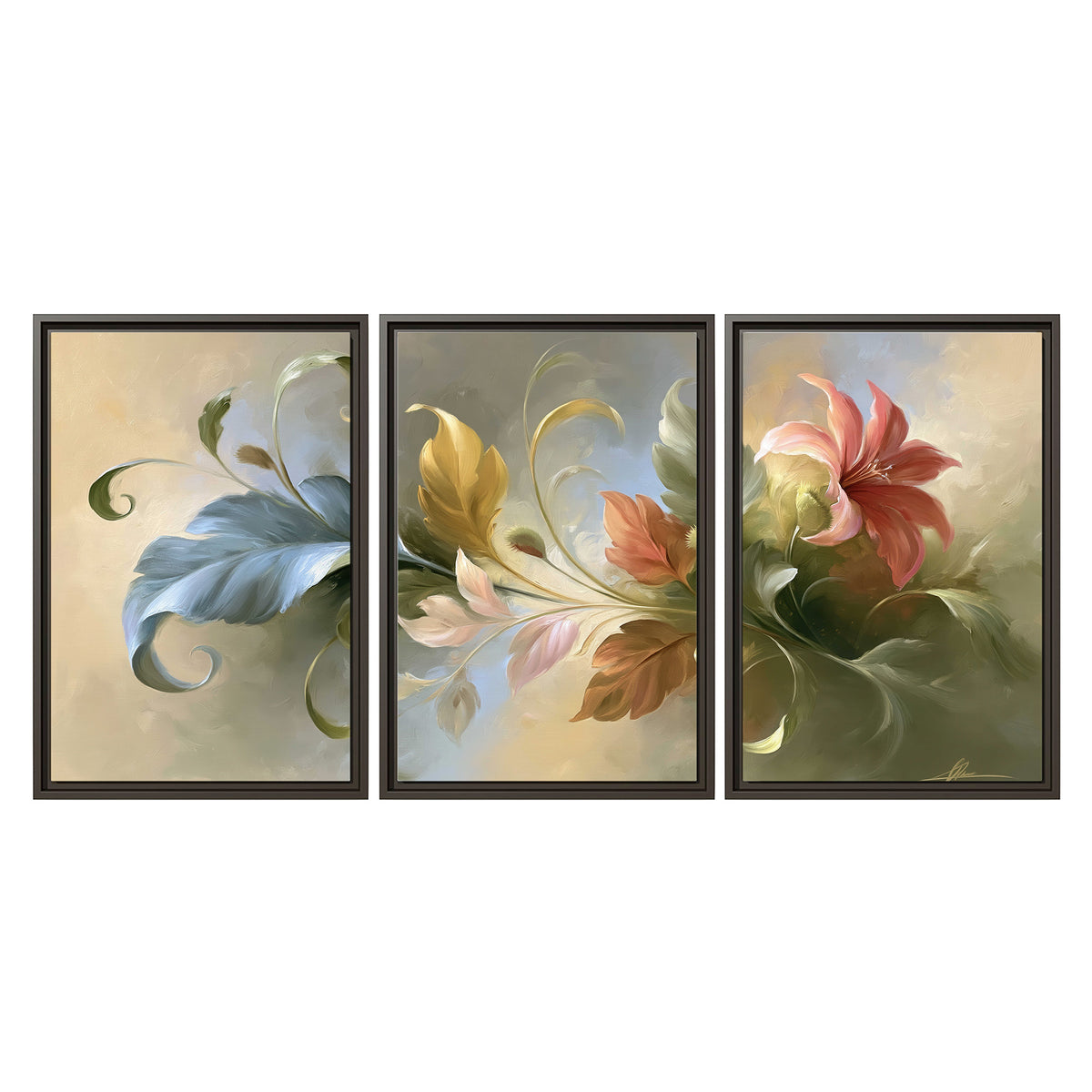 Curving blue, cream and warm red lily-like flowers on a softly shaded background 3 piece framed canvas wall art viewed straight on