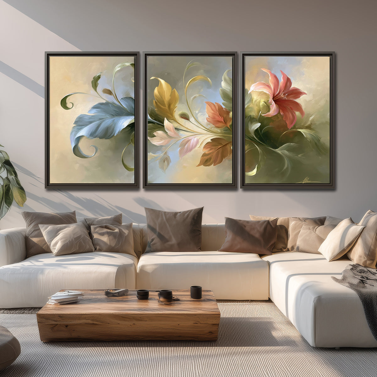 Curving blue, cream and warm red lily-like flowers on a softly shaded background 3 piece framed canvas wall art displayed in a living room