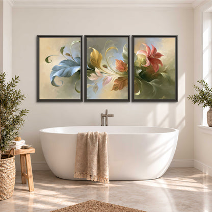 Curving blue, cream and warm red lily-like flowers on a softly shaded background 3 piece framed canvas wall art styled in an interior