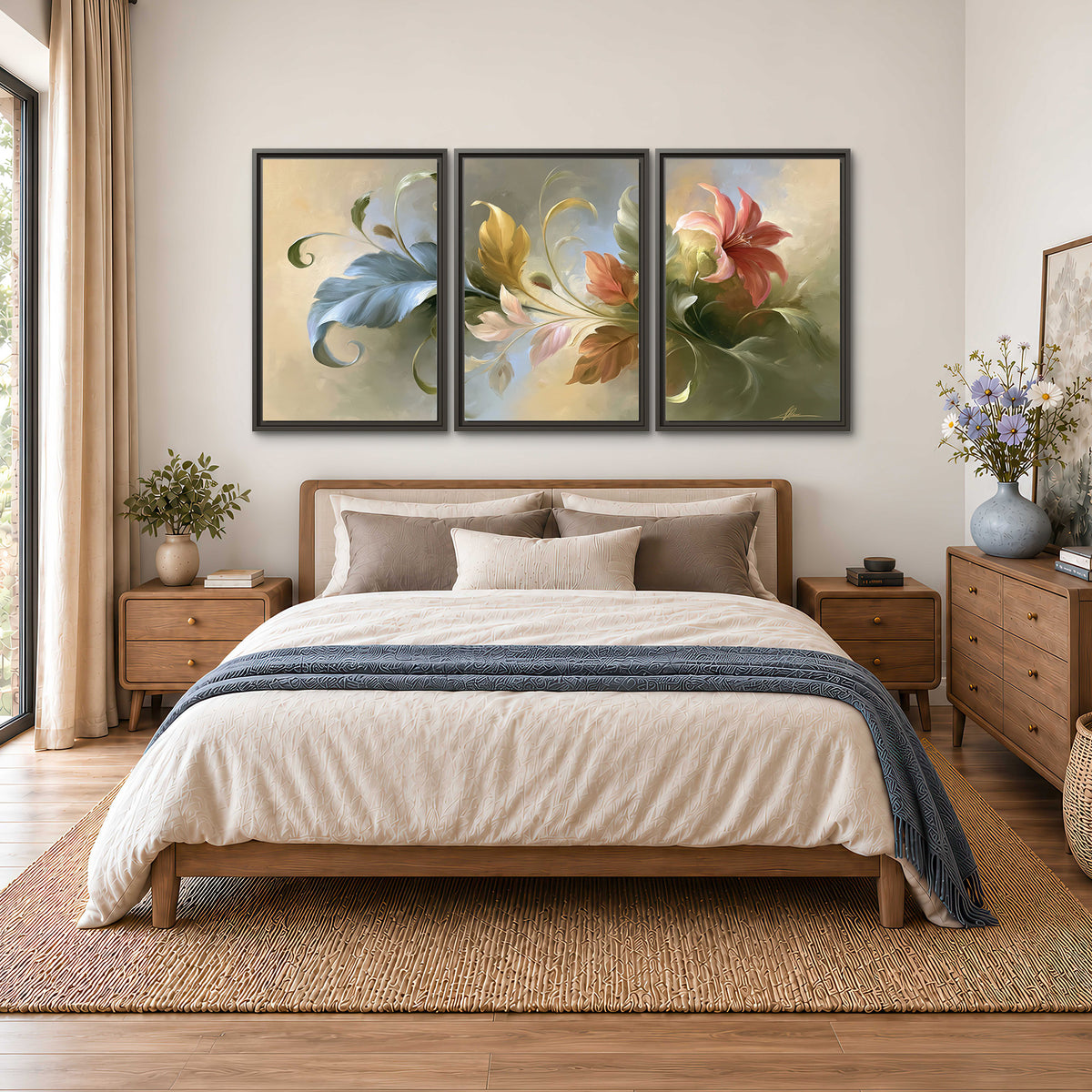 Curving blue, cream and warm red lily-like flowers on a softly shaded background 3 piece framed canvas wall art styled in an interior