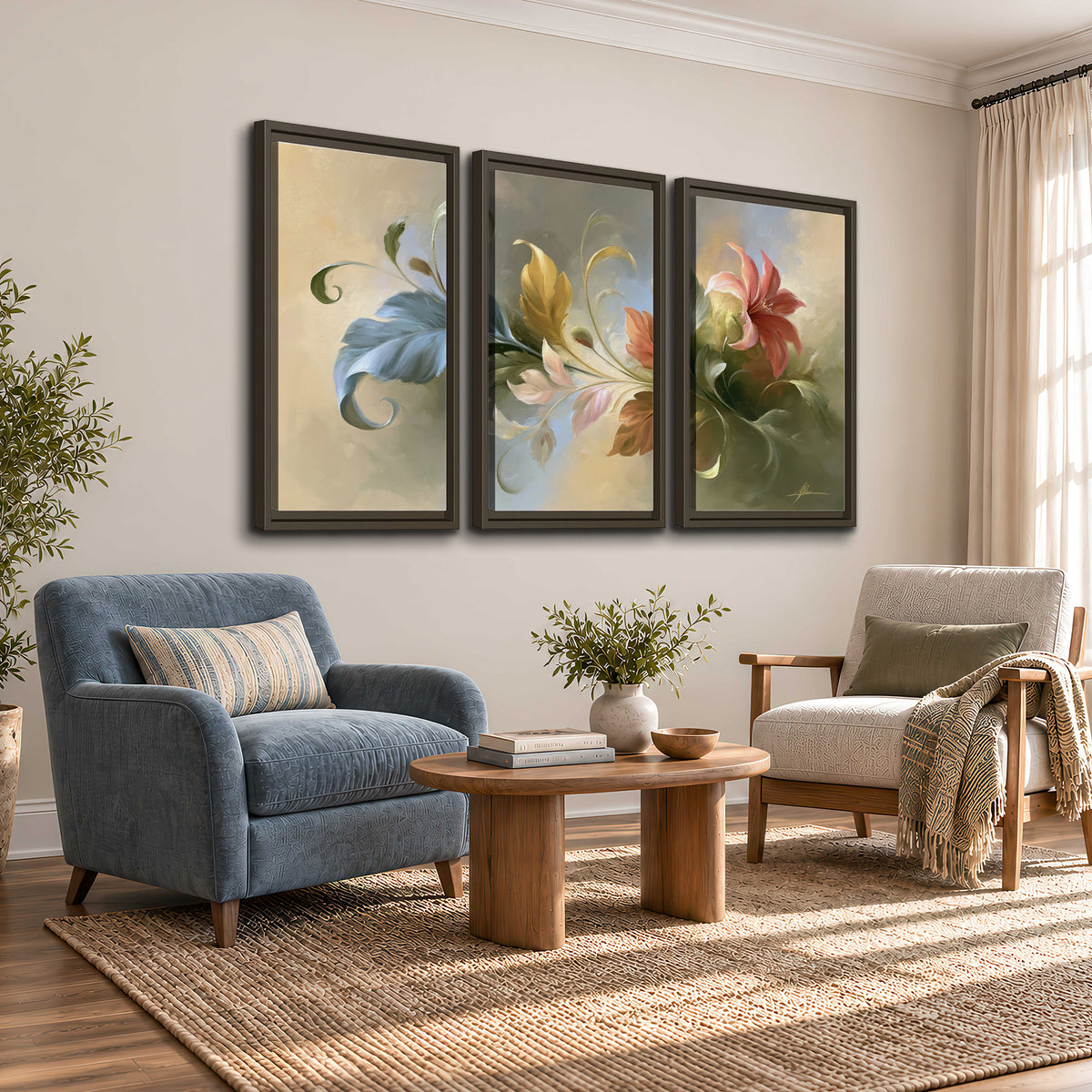 Curving blue, cream and warm red lily-like flowers on a softly shaded background 3 piece framed canvas wall art styled in an interior