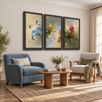 Curving blue, cream and warm red lily-like flowers on a softly shaded background 3 piece framed canvas wall art styled in an interior