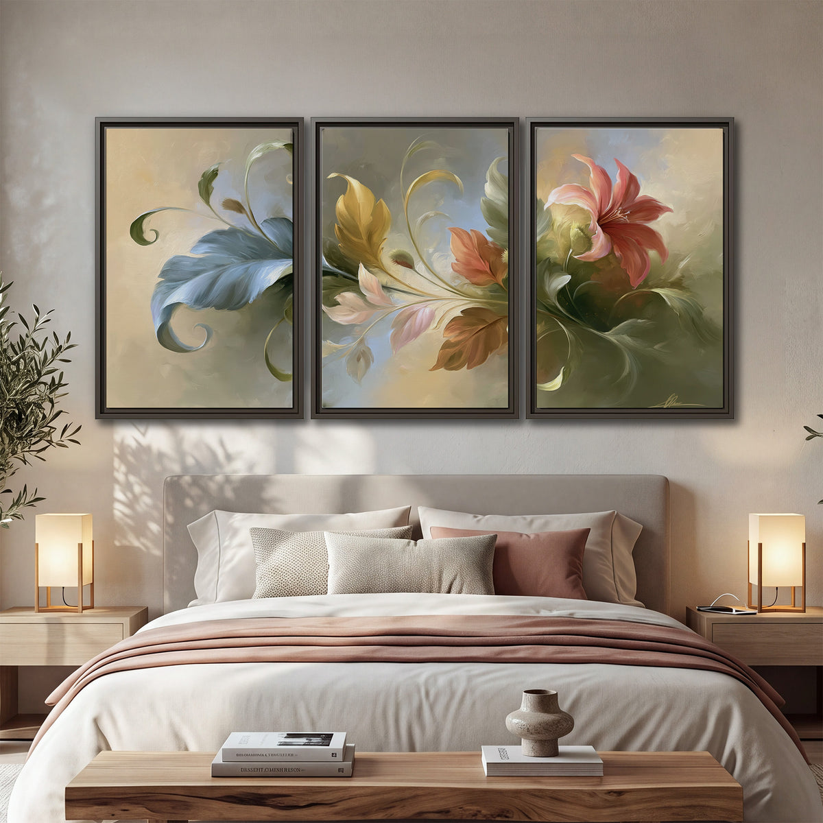 Curving blue, cream and warm red lily-like flowers on a softly shaded background 3 piece framed canvas wall art displayed in a bedroom