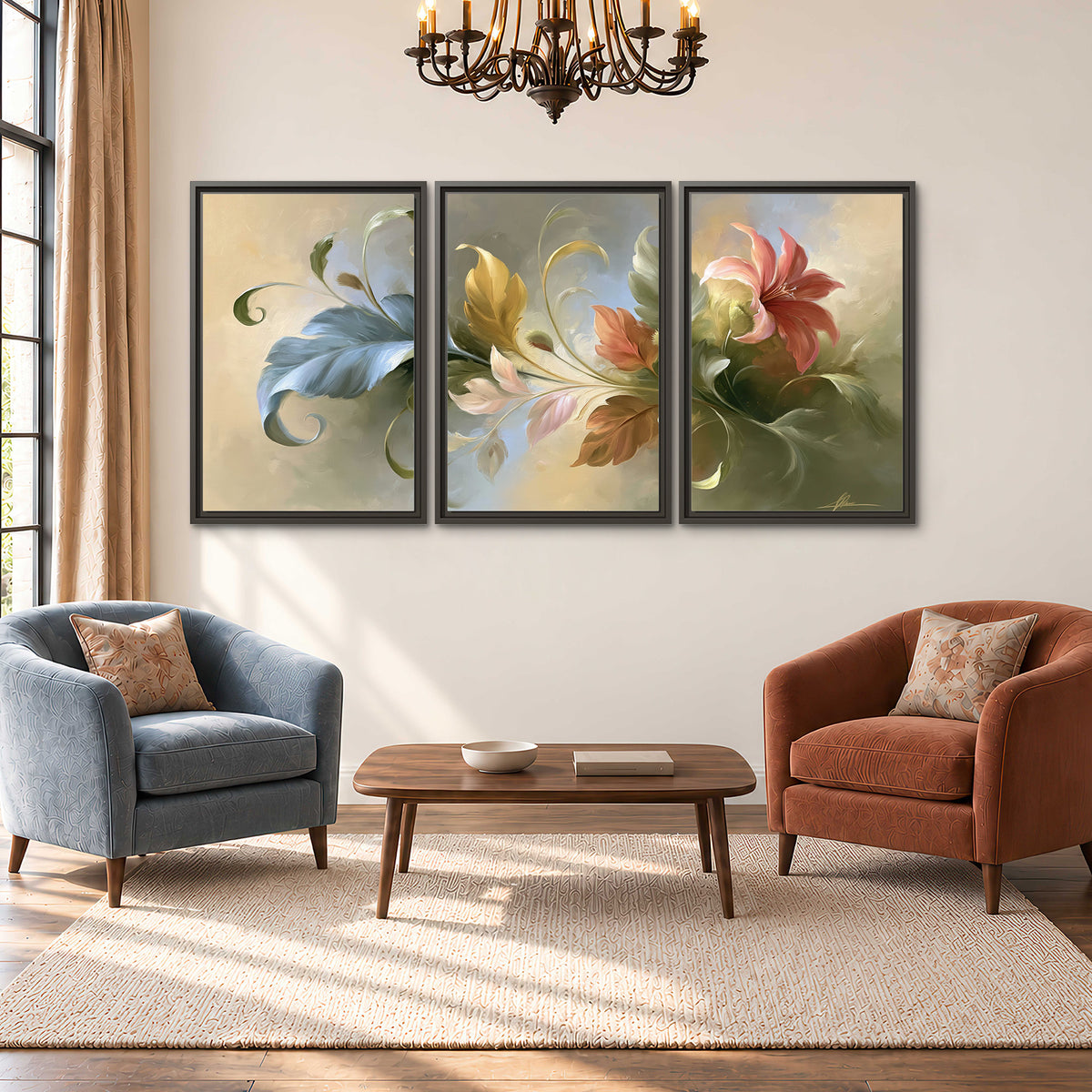 Curving blue, cream and warm red lily-like flowers on a softly shaded background 3 piece framed canvas wall art styled in an interior