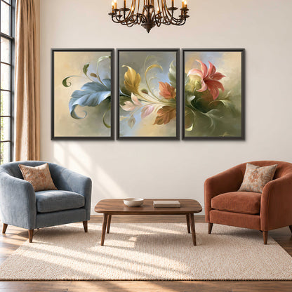 Curving blue, cream and warm red lily-like flowers on a softly shaded background 3 piece framed canvas wall art styled in an interior
