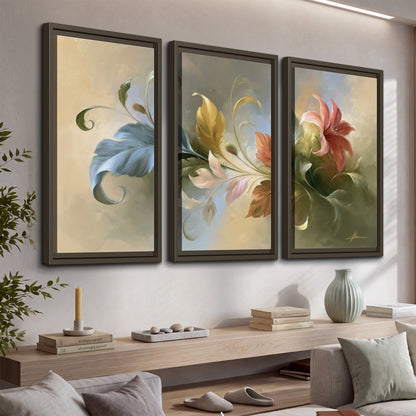 Curving blue, cream and warm red lily-like flowers on a softly shaded background 3 piece framed canvas wall art displayed in a console