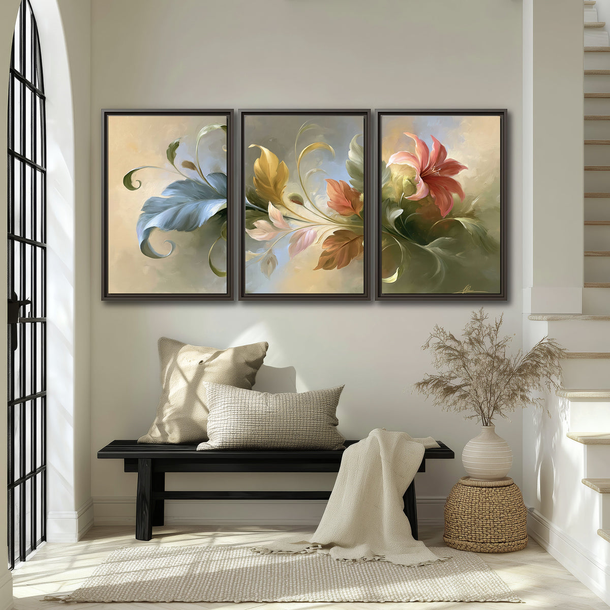 Curving blue, cream and warm red lily-like flowers on a softly shaded background 3 piece framed canvas wall art displayed in a entryway