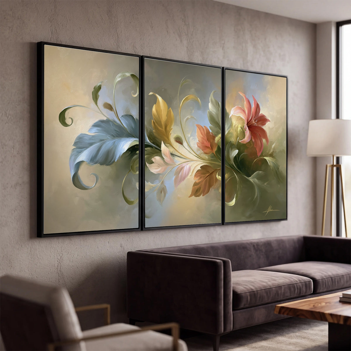 Curving blue, cream and warm red lily-like flowers on a softly shaded background 3 piece framed canvas wall art displayed in a modern living room
