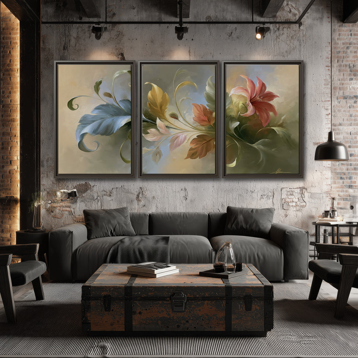 Curving blue, cream and warm red lily-like flowers on a softly shaded background 3 piece framed canvas wall art displayed in a industrial room
