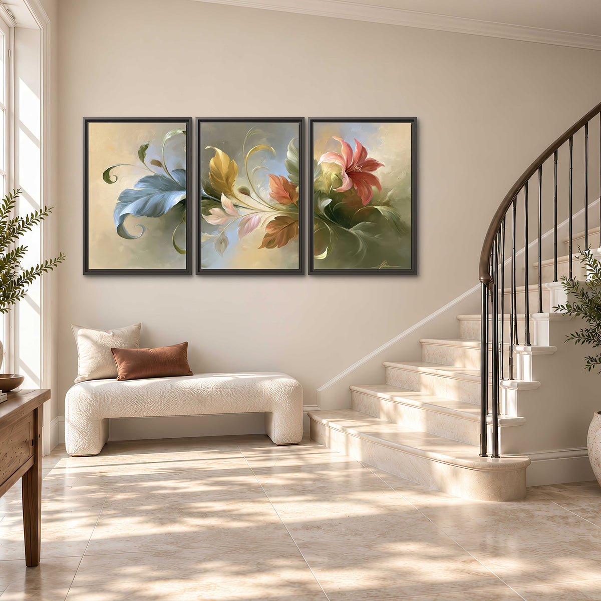 Curving blue, cream and warm red lily-like flowers on a softly shaded background 3 piece framed canvas wall art styled in an interior