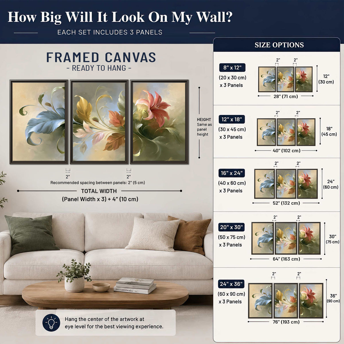 Curving blue, cream and warm red lily-like flowers on a softly shaded background 3 piece framed canvas wall art size guide above a sofa; room view is illustrative