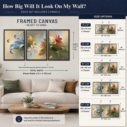 Curving blue, cream and warm red lily-like flowers on a softly shaded background 3 piece framed canvas wall art size guide above a sofa; room view is illustrative