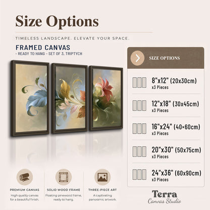 Curving blue, cream and warm red lily-like flowers on a softly shaded background 3 piece framed canvas wall art available dimensions; triptych dimensions are per panel