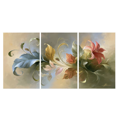 Curving blue, cream and warm red lily-like flowers on a softly shaded background set of 3 poster prints viewed straight on