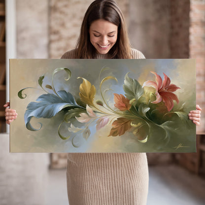Curving blue, cream and warm red lily-like flowers on a softly shaded background single canvas wall art held in hands