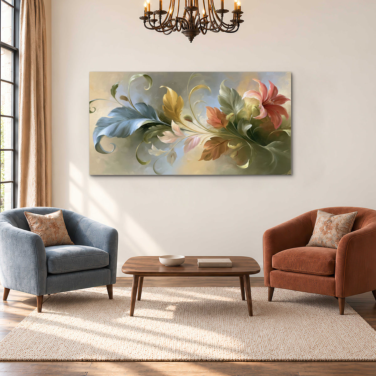 Curving blue, cream and warm red lily-like flowers on a softly shaded background single canvas wall art styled in an interior