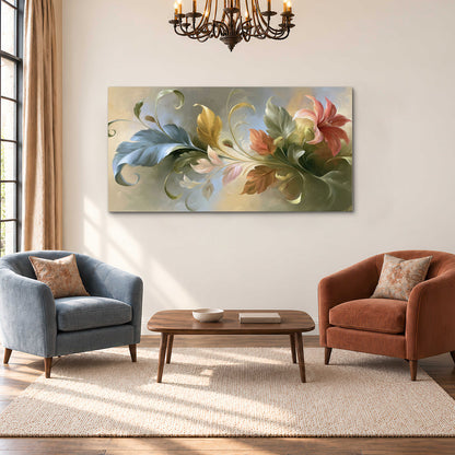 Curving blue, cream and warm red lily-like flowers on a softly shaded background single canvas wall art styled in an interior