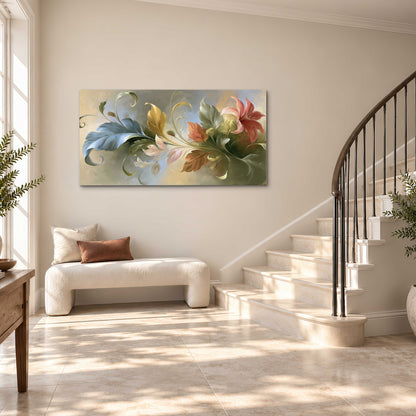 Curving blue, cream and warm red lily-like flowers on a softly shaded background single canvas wall art styled in an interior
