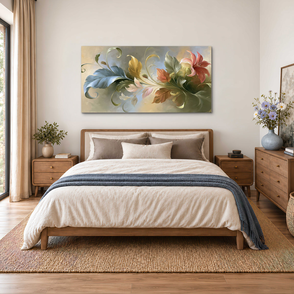 Curving blue, cream and warm red lily-like flowers on a softly shaded background single canvas wall art styled in an interior
