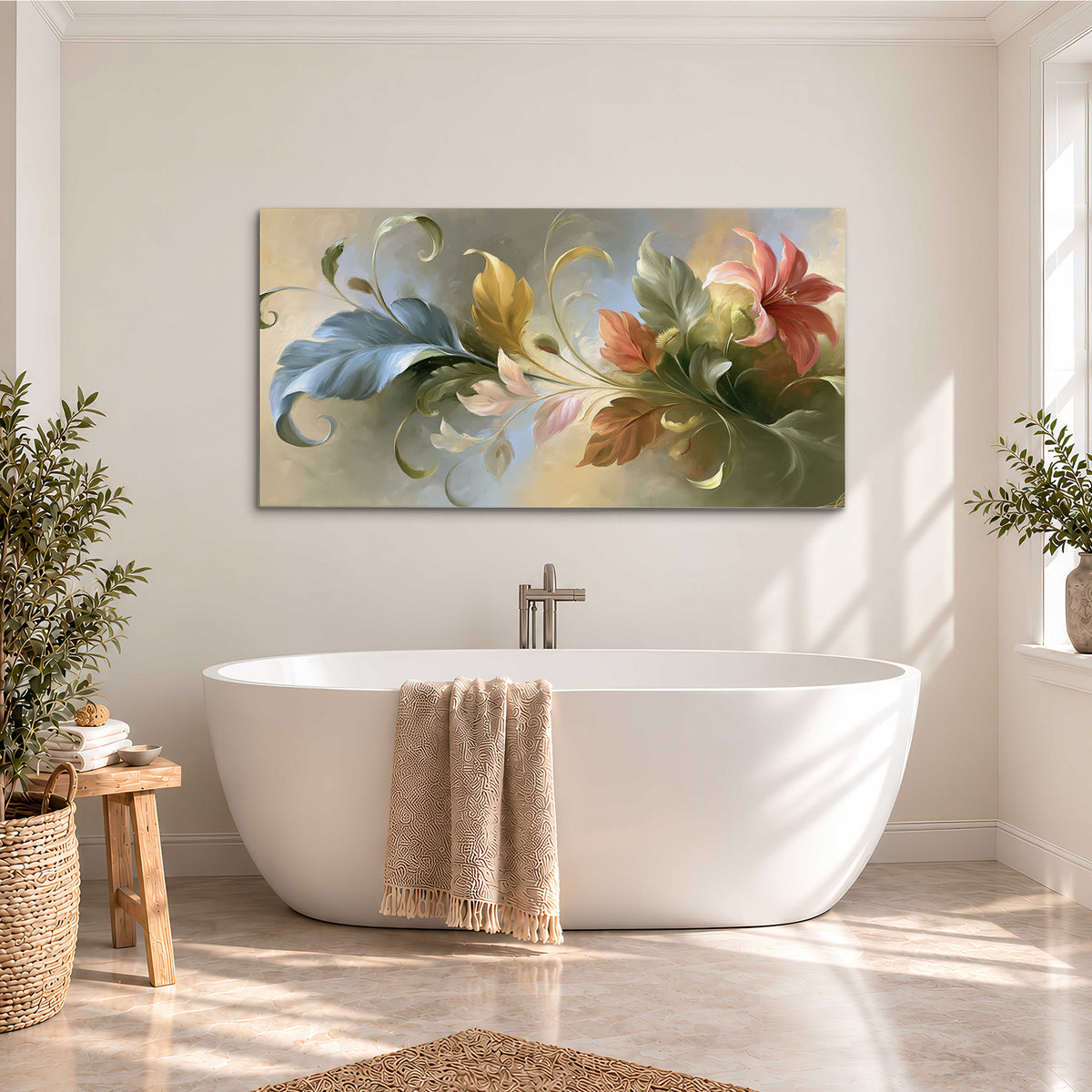 Curving blue, cream and warm red lily-like flowers on a softly shaded background single canvas wall art styled in an interior