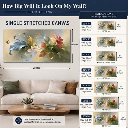 Curving blue, cream and warm red lily-like flowers on a softly shaded background single canvas wall art size guide above a sofa; room view is illustrative