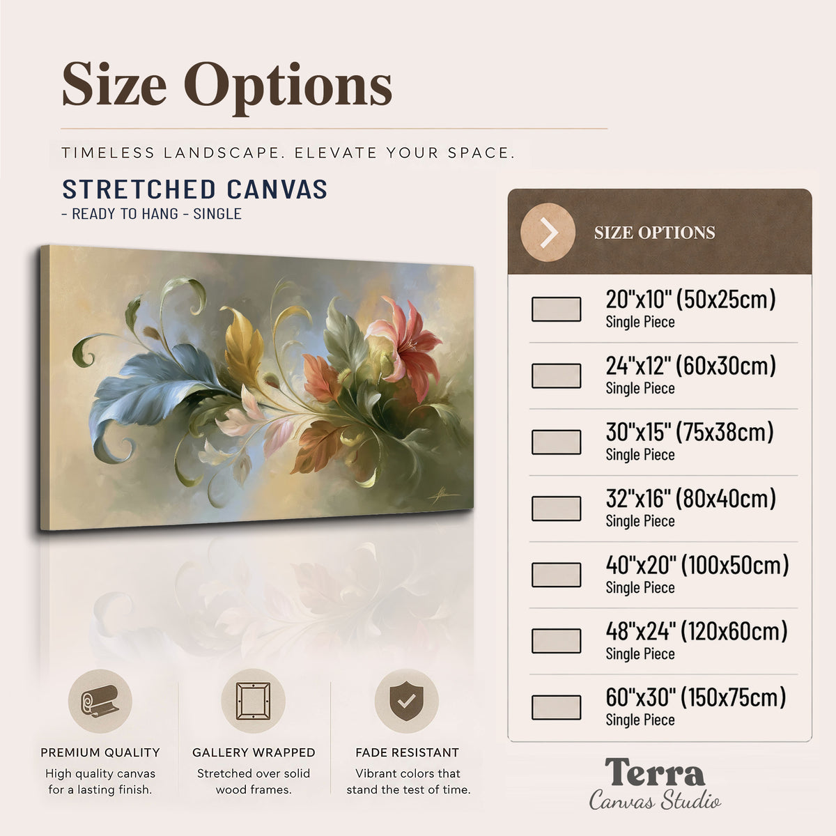Curving blue, cream and warm red lily-like flowers on a softly shaded background single canvas wall art available dimensions