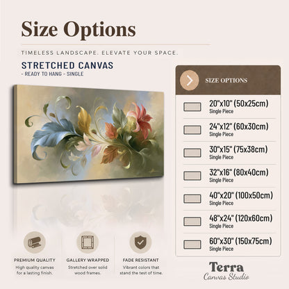Curving blue, cream and warm red lily-like flowers on a softly shaded background single canvas wall art available dimensions