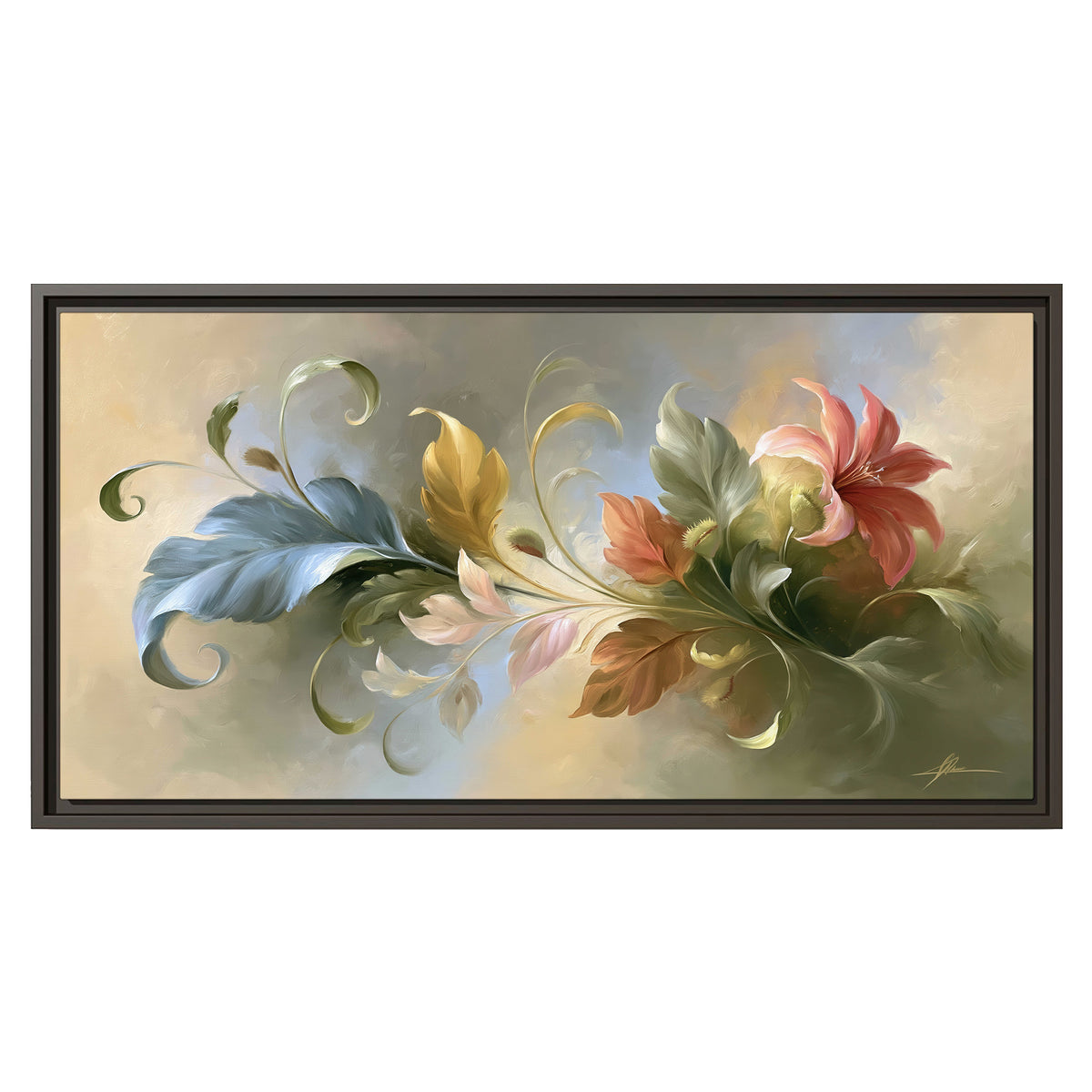 Curving blue, cream and warm red lily-like flowers on a softly shaded background single framed canvas wall art viewed straight on